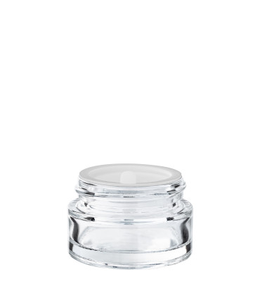 Glastiegel 20 ml klar mit schwarzem ABS-Deckel und Zwischendeckel