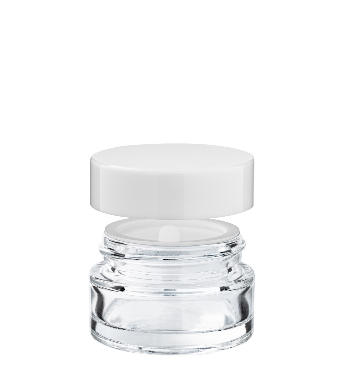 Glastiegel 20 ml klar mit schwarzem ABS-Deckel und Zwischendeckel