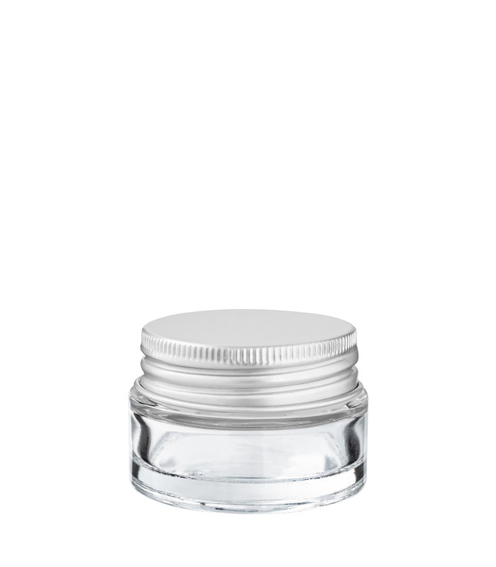 Glastiegel 20 ml klar mit silbernem Aluminium-Schraubdeckel