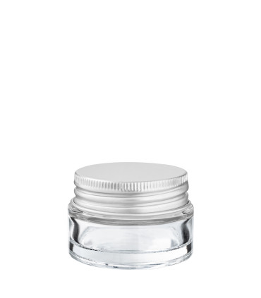 Glastiegel 20 ml klar mit silbernem Aluminium-Schraubdeckel