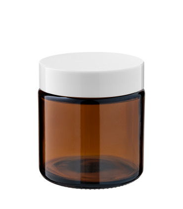 Kosmetiktiegel Glas braun 120 ml mit weißem ABS-Deckel und Zwischendeckel