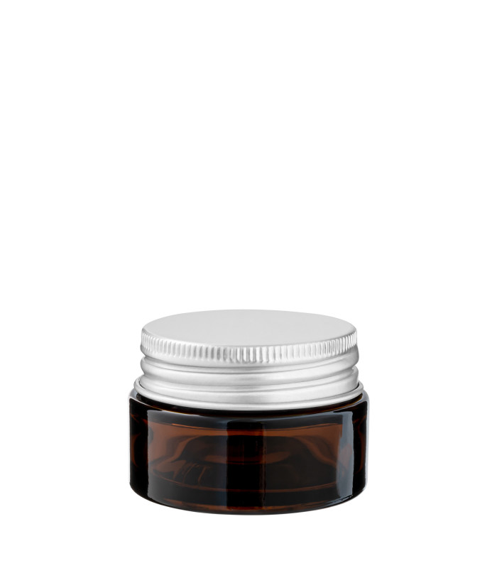 Glastiegel 20 ml braun mit silbernem Aluminium-Schraubdeckel
