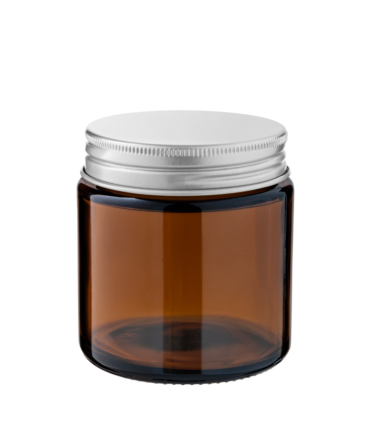 Kosmetiktiegel Glas braun 120 ml mit silbernem Aluminium Schraubdeckel