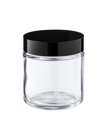 Glastiegel 120 ml klar mit schwarzem Aluminium-Schraubdeckel