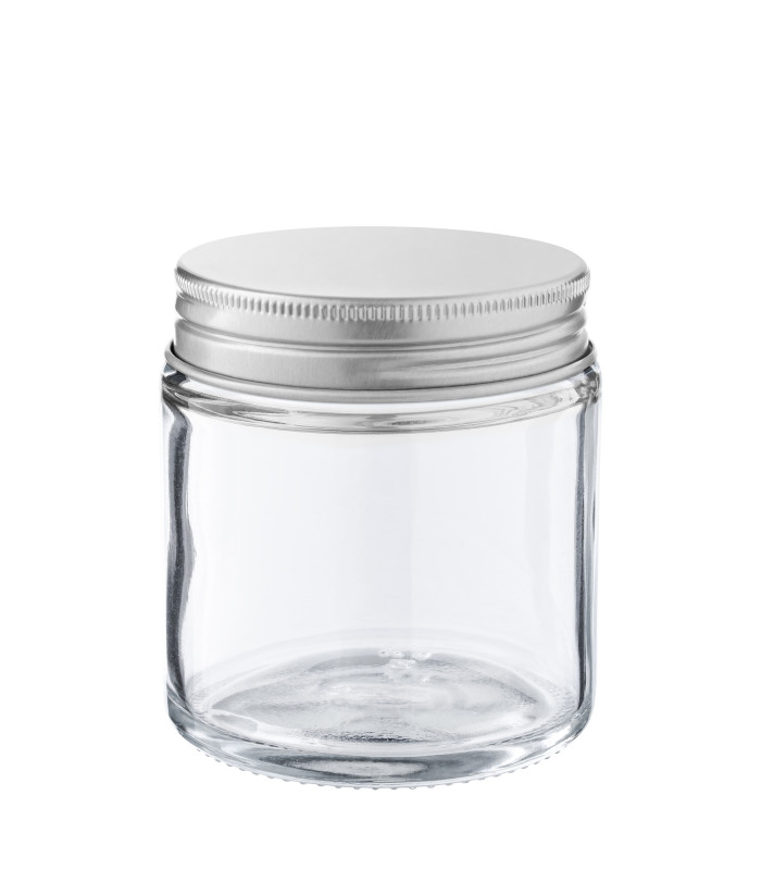 Glastiegel 120 ml klar mit silbernem Aluminium-Schraubdeckel