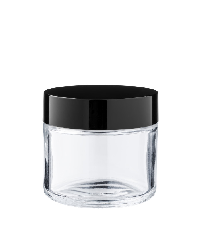 Kosmetiktiegel Glas klar 60 ml mit schwarzem ABS-Deckel und Zwischendeckel