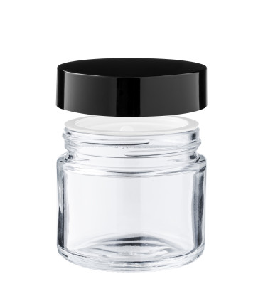 Glastiegel 60 ml klar mit schwarzem ABS-Deckel und Zwischendeckel