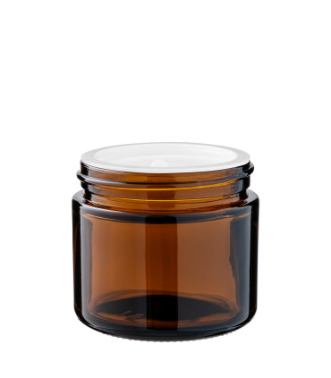 Kosmetiktiegel Glas braun 60 ml mit schwarzem ABS-Deckel und Zwischendeckel
