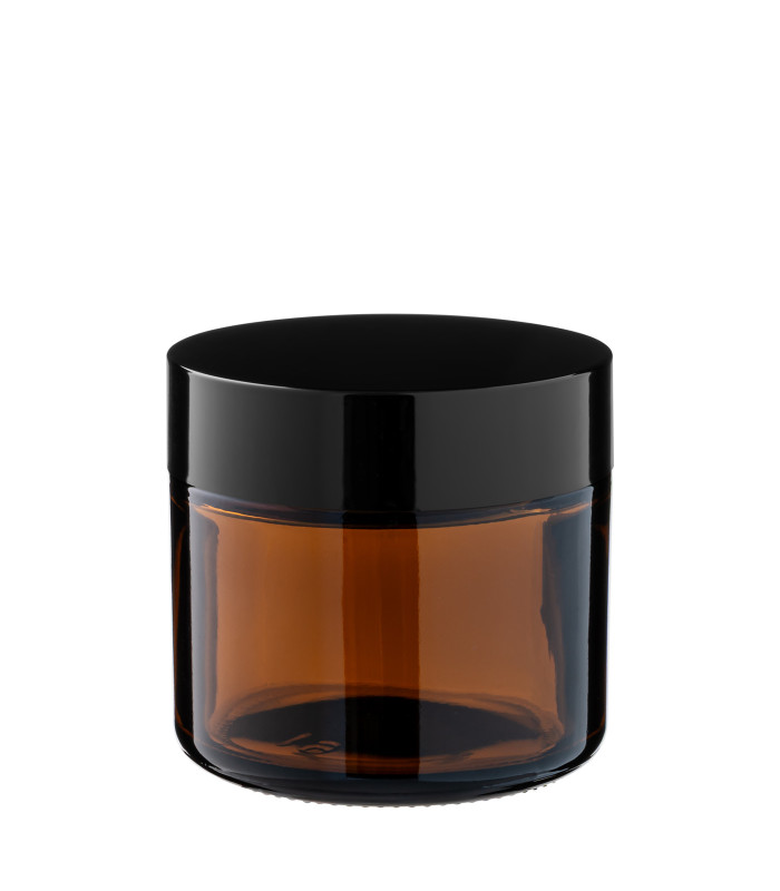 Kosmetiktiegel Glas braun 60 ml mit schwarzem ABS-Deckel und Zwischendeckel