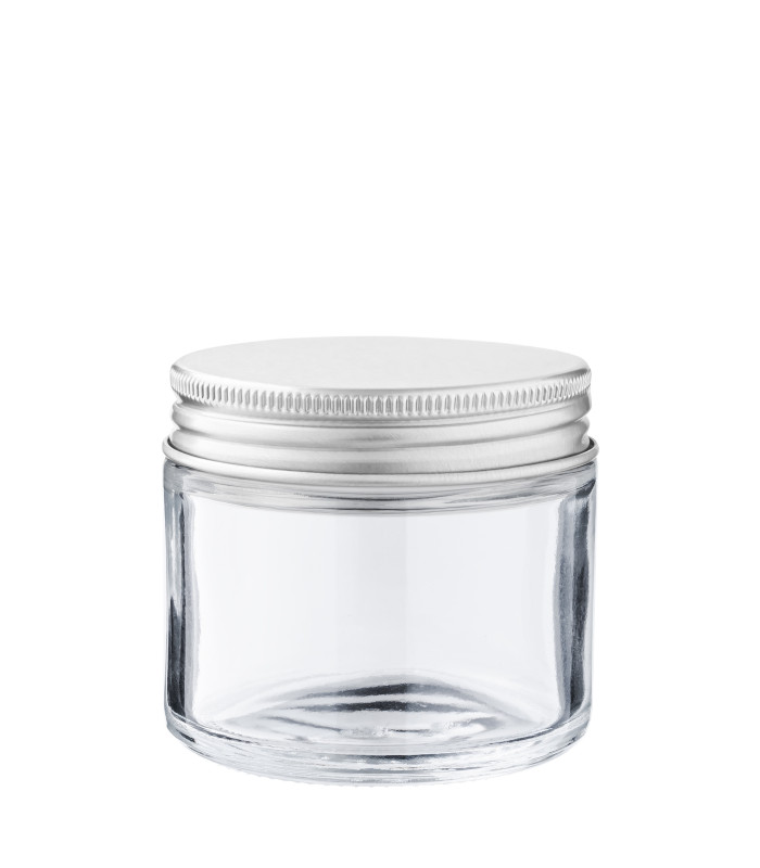 Kosmetiktiegel Glas klar 60 ml mit silbernem Aluminium Schraubdeckel