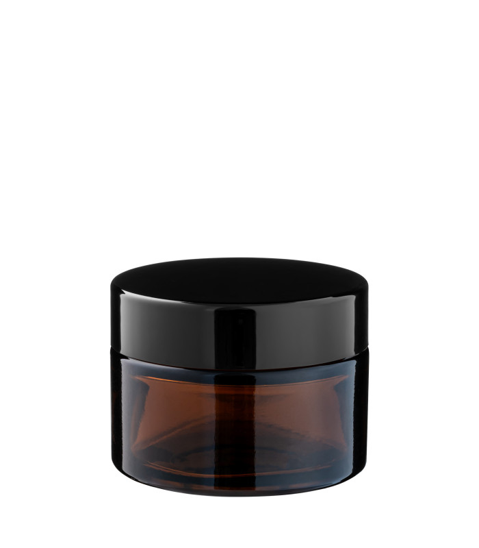 Kosmetiktiegel Glas braun 30 ml mit schwarzem ABS-Deckel und Zwischendeckel