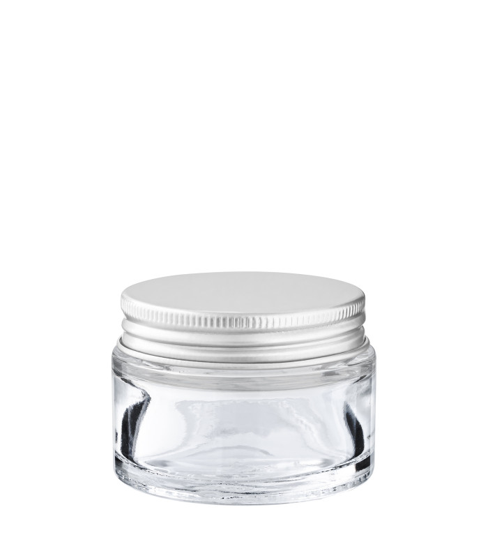 Kosmetiktiegel Glas klar 30 ml mit silbernem Aluminium Schraubdeckel