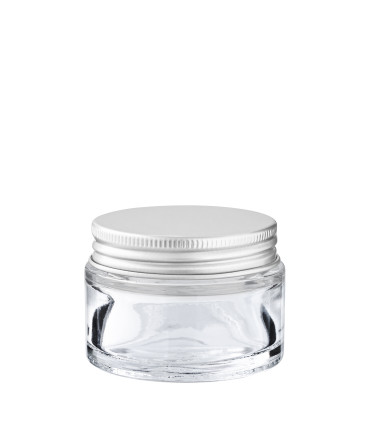 Glastiegel 30 ml klar mit silbernem Aluminium-Schraubdeckel