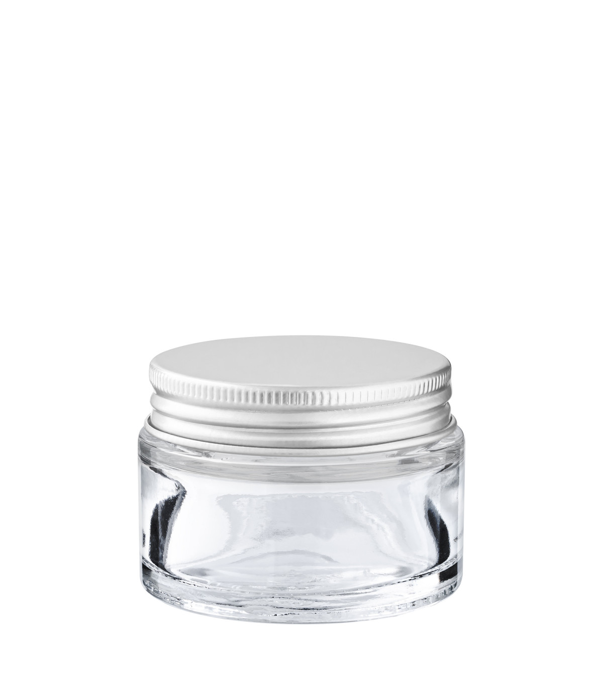 Glastiegel 30 ml klar mit silbernem Aluminium-Schraubdeckel