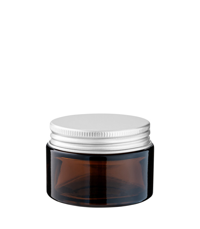 Kosmetiktiegel Glas braun 30 ml mit silbernem Aluminium Schraubdeckel