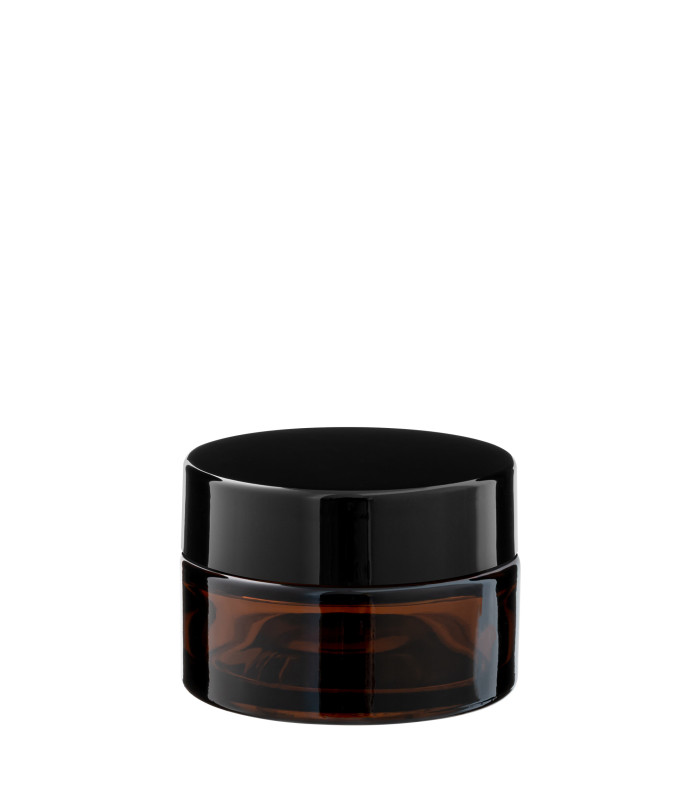 Kosmetiktiegel Glas braun 20 ml mit schwarzem ABS-Deckel und Zwischendeckel