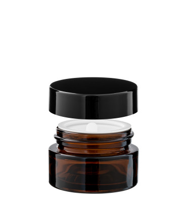 Glastiegel 20 ml braun mit schwarzem ABS-Deckel und Zwischendeckel