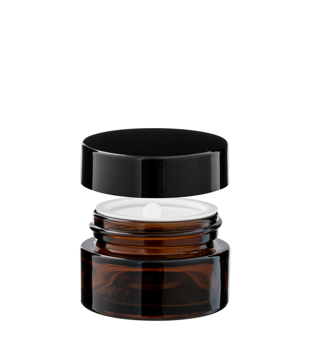 Glastiegel 20 ml braun mit schwarzem ABS-Deckel und Zwischendeckel