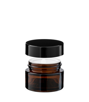 Glastiegel 15 ml braun mit schwarzem ABS-Deckel und Zwischendeckel