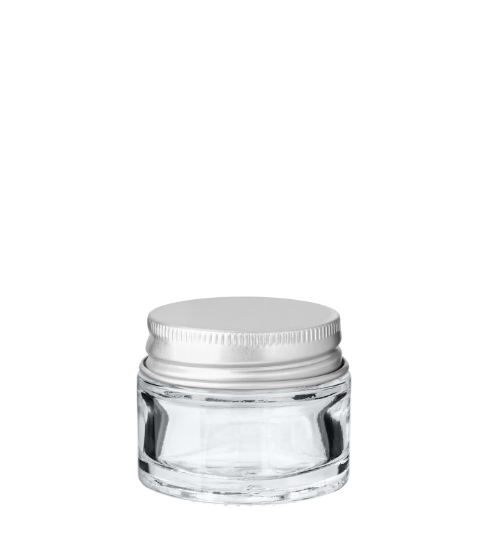 Glastiegel 15 ml klar mit silbernem Aluminium-Schraubdeckel