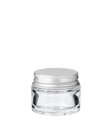 Glastiegel 15 ml klar mit silbernem Aluminium-Schraubdeckel