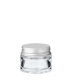 Kosmetiktiegel Glas klar 15 ml mit silbernem Aluminium Schraubdeckel