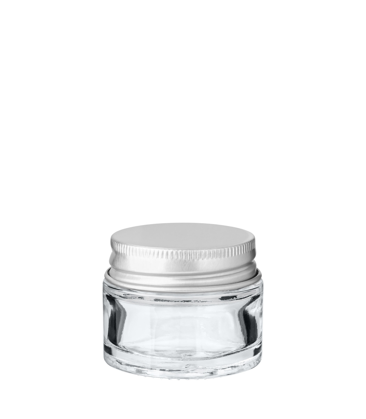 Glastiegel 15 ml klar mit silbernem Aluminium-Schraubdeckel