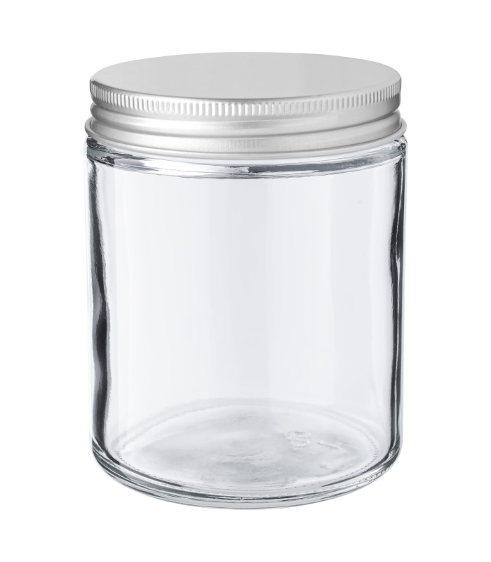 Kosmetiktiegel Glas klar 250 ml mit silbernem Aluminium Schraubdeckel