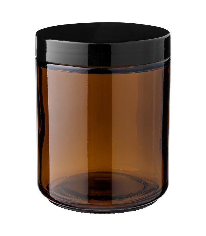 Kosmetiktiegel Glas braun 250 ml mit schwarzem PP-Schraubdeckel