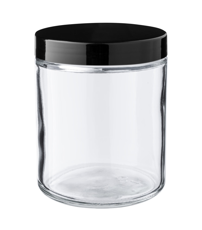 Kosmetiktiegel Glas klar 250 ml mit schwarzem PP-Schraubdeckel