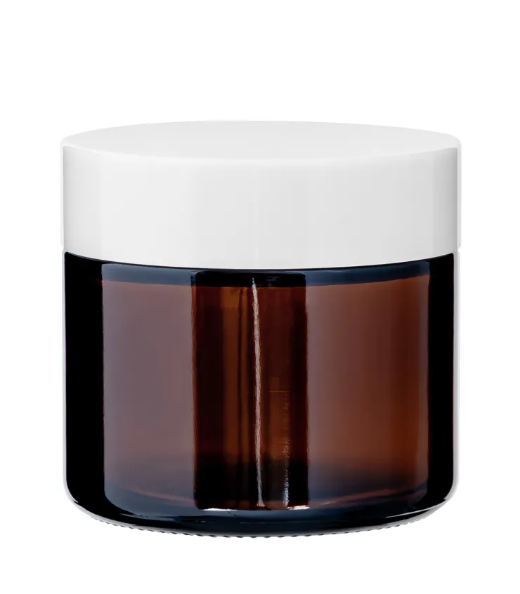Kosmetiktiegel Glas braun 60 ml mit weissem ABS Deckel und Zwischendeckel
