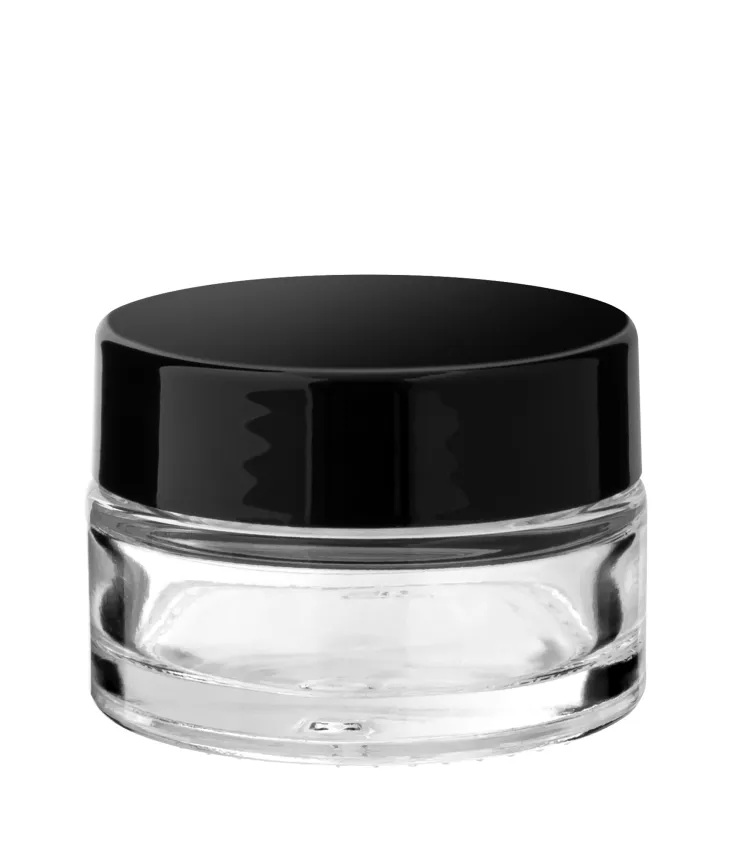 Kosmetiktiegel Glas klar 20 ml mit schwarzem ABS Deckel und Zwischendeckel