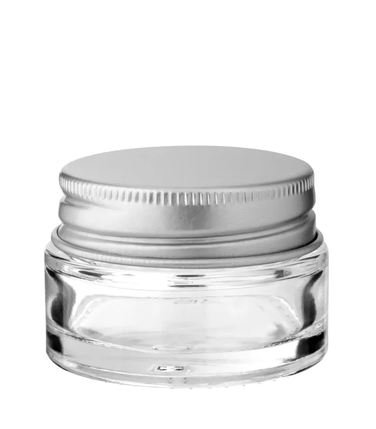 Kosmetiktiegel Glas klar 20 ml mit silbernem Aluminium Schraubdeckel
