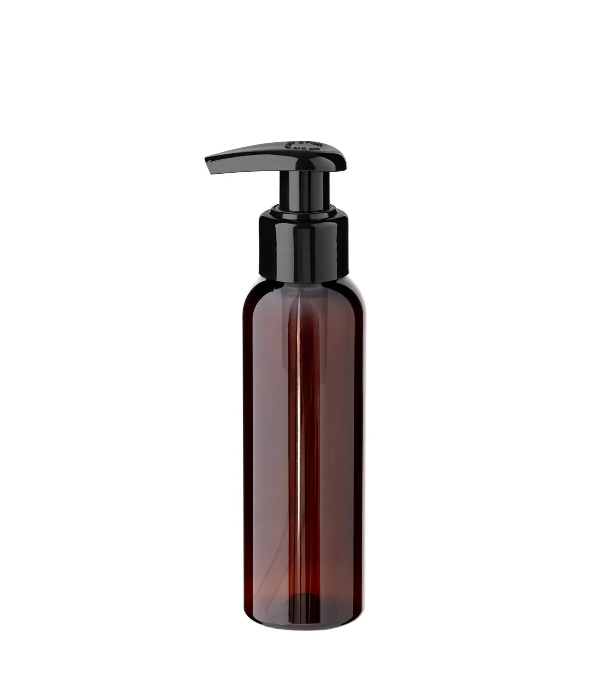 PET-Flasche 100 ml braun mit schwarzer Dosierpumpe für Kosmetik